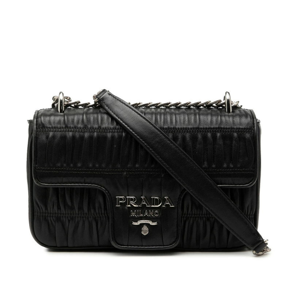 Prada Nappa Gaufre Gathered Crossbody Chain Shoulder Bag Nero Black Leather
